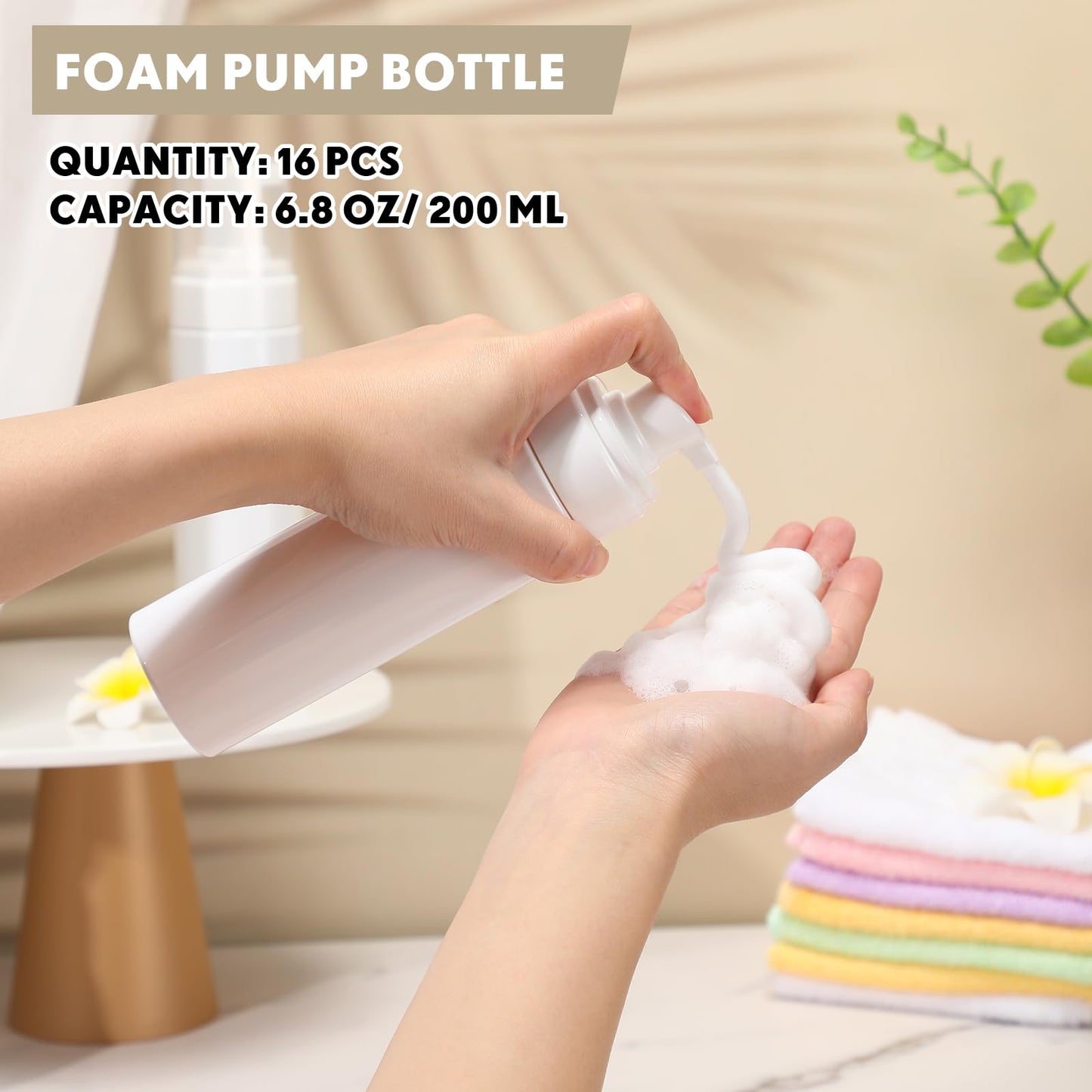 Bokon 16 Pcs Foam Pump Bottle 6.8 oz/ 200 ml Plastic Foaming Dispenser Travel Large Refillable Foam Soap Dispenser Pump for Shampoo Shower Hand Soap Foaming, White