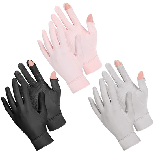 Bokon 3 Pairs Summer Sun Gloves for Women UV Protection Driving Gloves Full Finger Touchscreen Outdoor Gloves(Black, Gray, Pink)