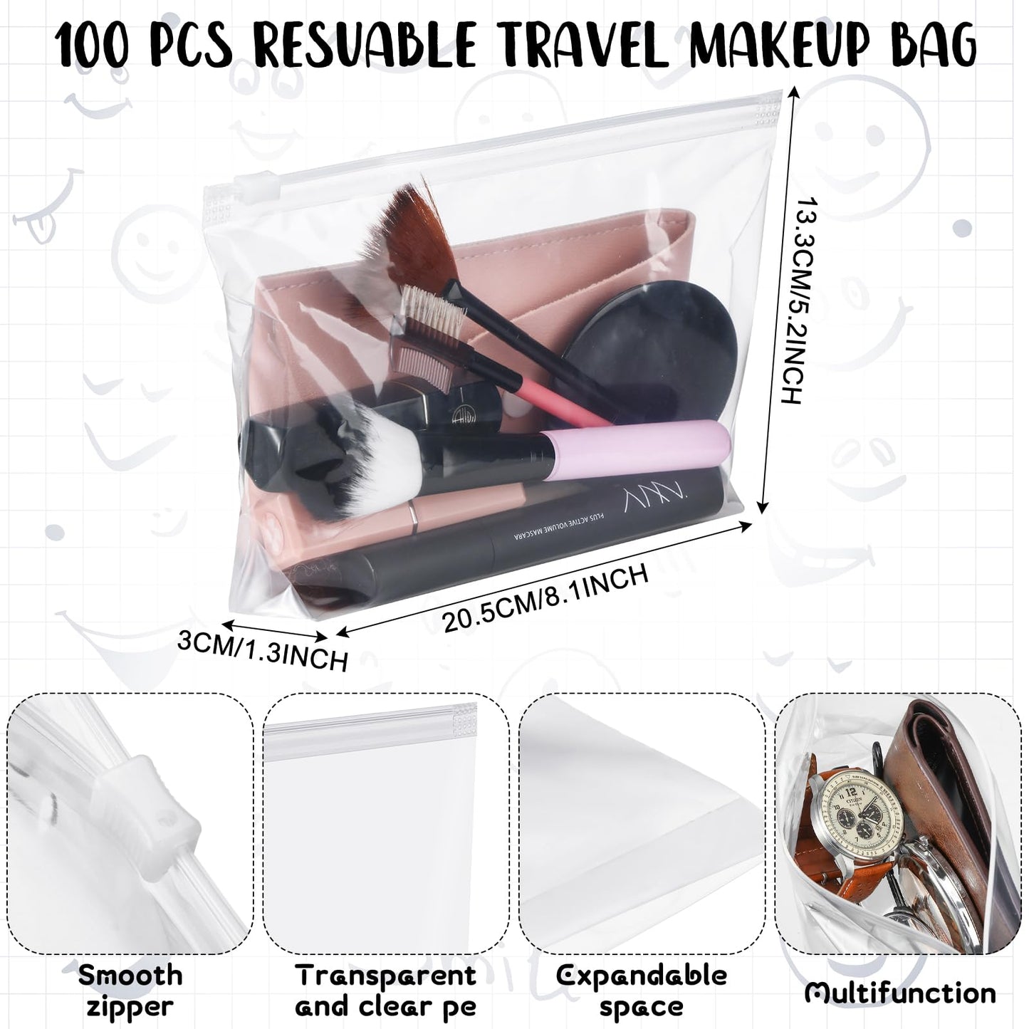 Bokon 100 Pcs Small Clear Cosmetic Bags Bulk Zipper Storage Bag Reusable PE Cosmetic Pouch Travel Makeup Organizer with Zipper Toiletry Tote Handbags Purse Storage for Women