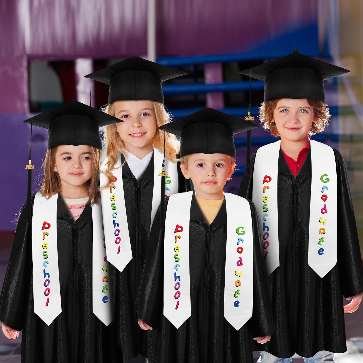 Bokon 4 Pcs Kindergarten Preschool Graduation Cap and Gown with 2024 Tassel Graduation Stole and Certificate for Toddler Kids(Black, 27)