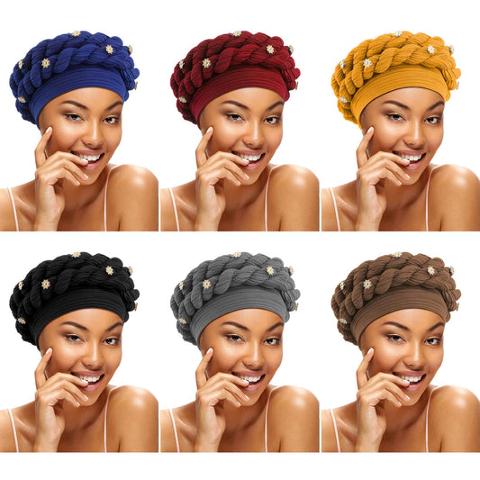 6 Pcs African Beaded Turban for Black Women Head Wrap Headscarf Braid Beanie Cap Elastic African Turban Hair Wrap Twisted Head Turbans Soft for Women Girl