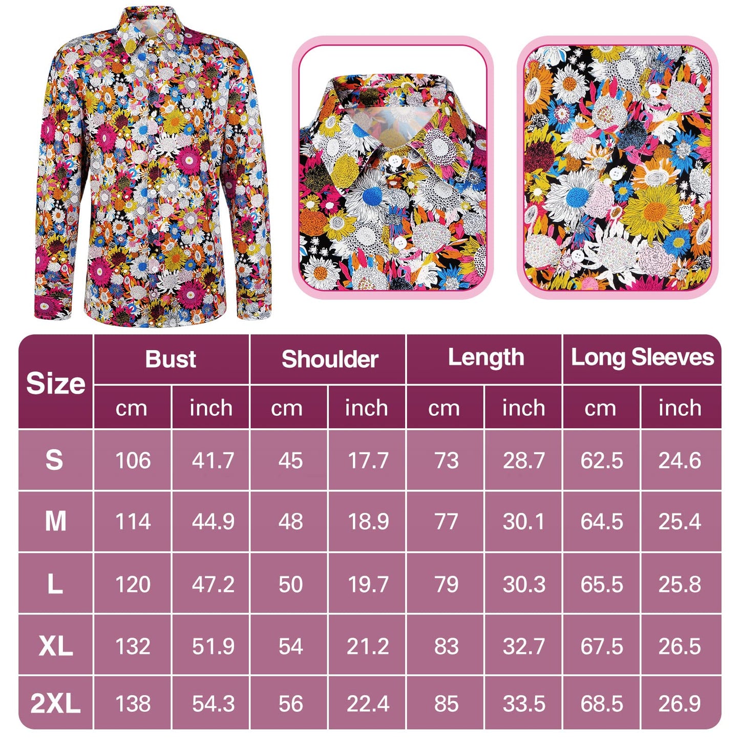 Bokon 60s 70s Disco Hippie Costume Outfits Men Top Floral Vintage Peace Long Sleeve Shirt for Carnival Mardi Gras Cosplay(L Size)