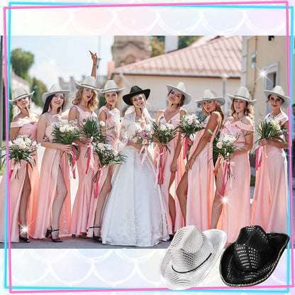 Bokon 12 Pcs Lighted Cowgirl Hat Bulk LED Flashing Cowboy Bride Hat for Wedding Western Bridal Shower Decoration(Black, Silver, Classic Style)