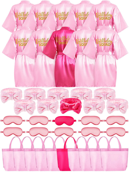 Bokon 40 Pcs Girls Spa Party Supplies 10 Birthday Squad Princess Robe 10 Tote Bags 10 Headbands 10 Spa Masks for Birthday (Size 14)