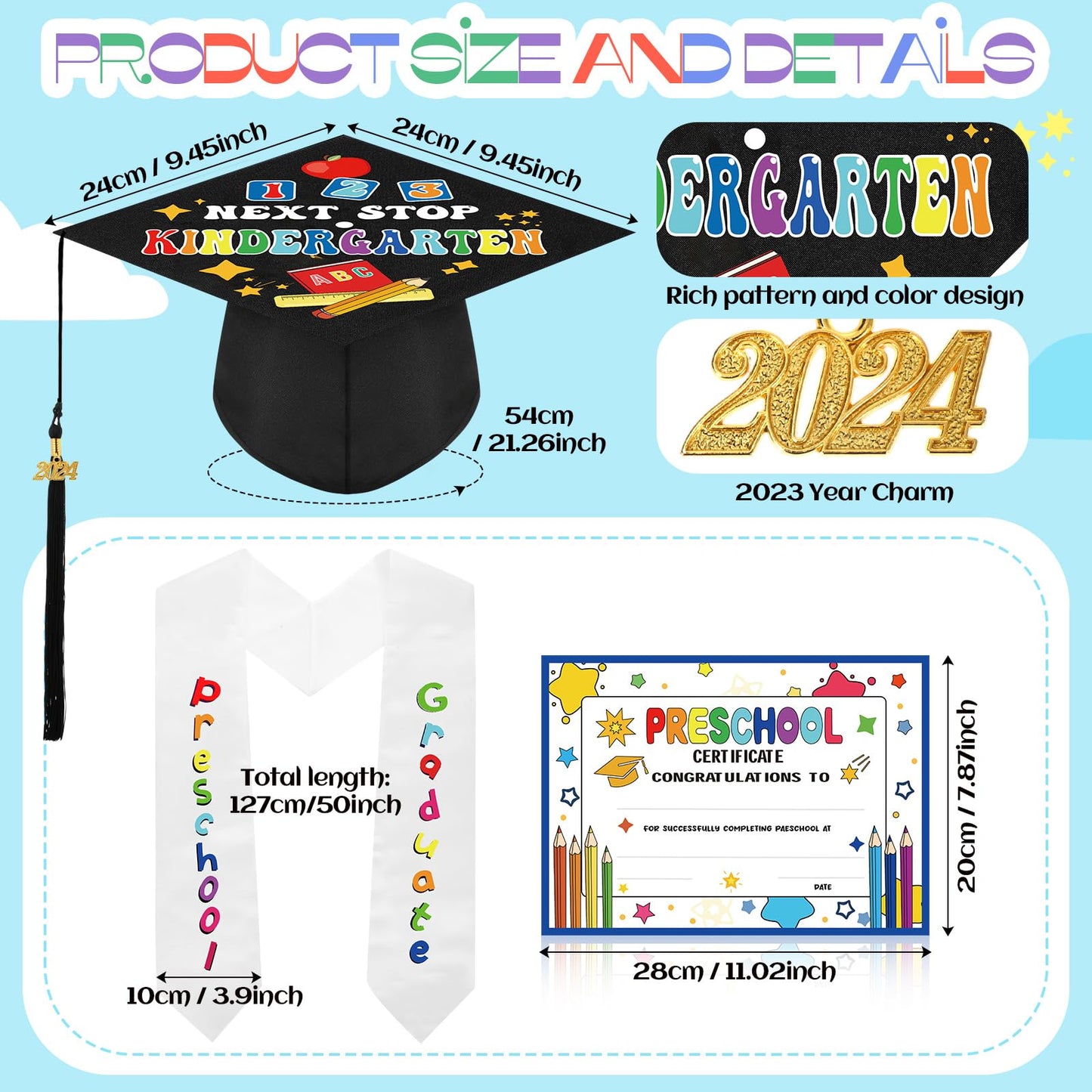 Bokon 4 Pcs Kindergarten Preschool Graduation Cap and Gown with 2024 Tassel Graduation Stole and Certificate for Toddler Kids(Black, 27)
